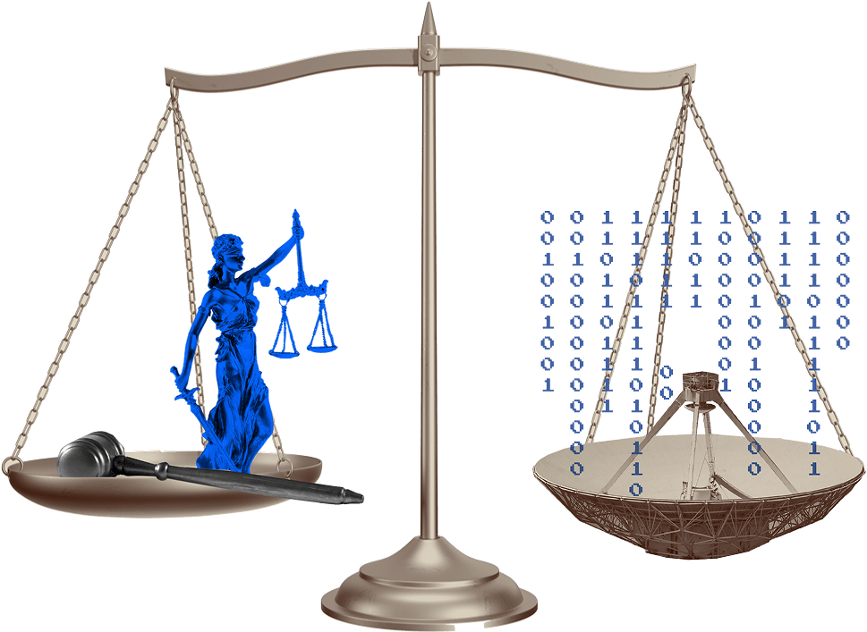 Våg med två skålar. Till vänster Justitia-staty och domarklubba, till höger en parabolantenn med binär kod. Symboliserar mötet mellan lag och teknik.