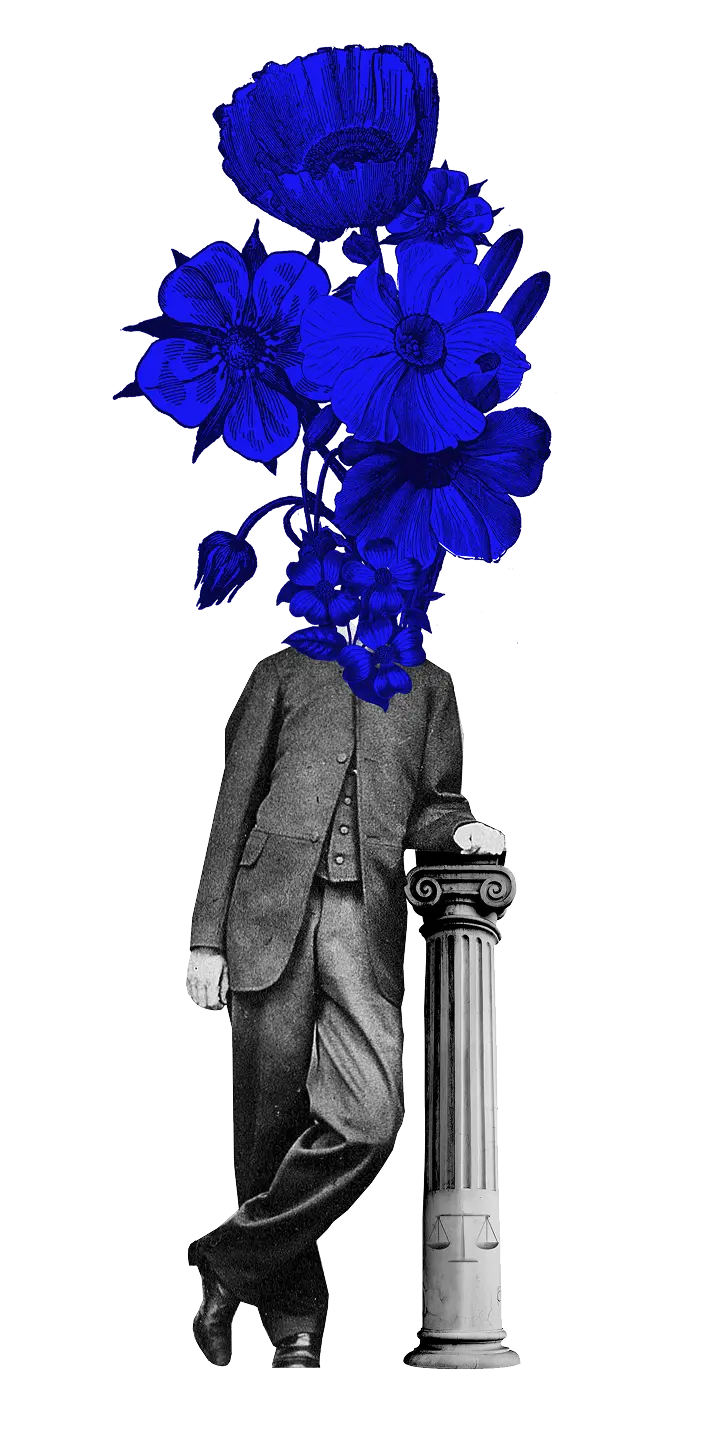 A person in a suit whose head has been replaced by an arrangement of blue flowers, leaning against a pillar engraved with a scale. Symbolizes the blooming of law.